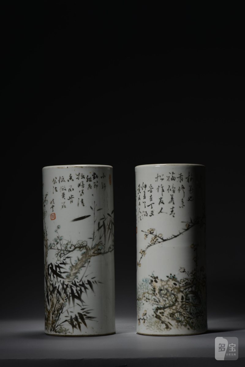 清光绪 晓云氏浅绛岁寒三友图帽筒一对 - 图7